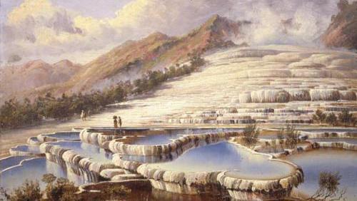 Peinture à l'huile des Terrasses Blanches du lac Rotomahana signée Charles Blomfield. (Charles Blomfield)